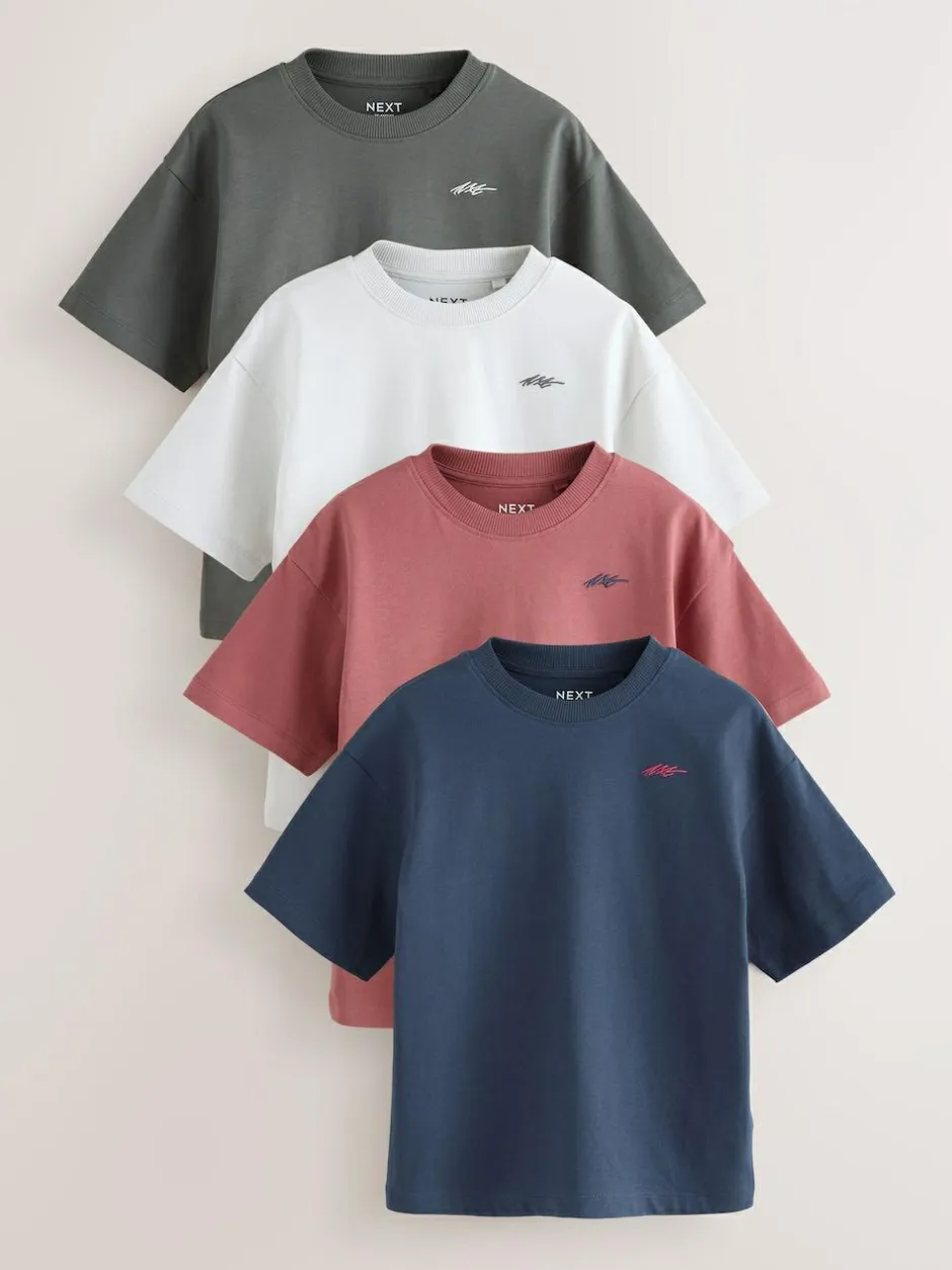 Next Short Sleeve Logo Chest Graphic T-Shirts 4 Pack (3-16yrs) Navy/Grey/Berry Sale