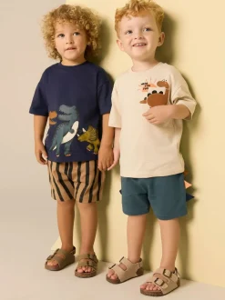 Next Short Sleeve T-Shirt & Shorts Set 2 Pack (3mths-7yrs) (3mths-7yrs) Navy/Stone Clearance