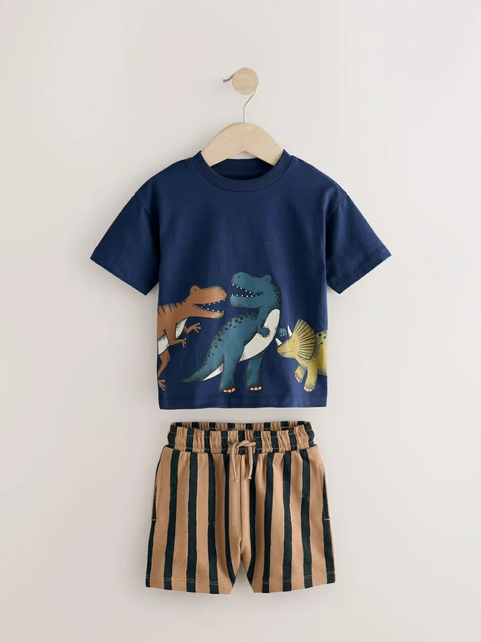 Next Short Sleeve T-Shirt & Shorts Set 2 Pack (3mths-7yrs) (3mths-7yrs) Navy/Stone Clearance