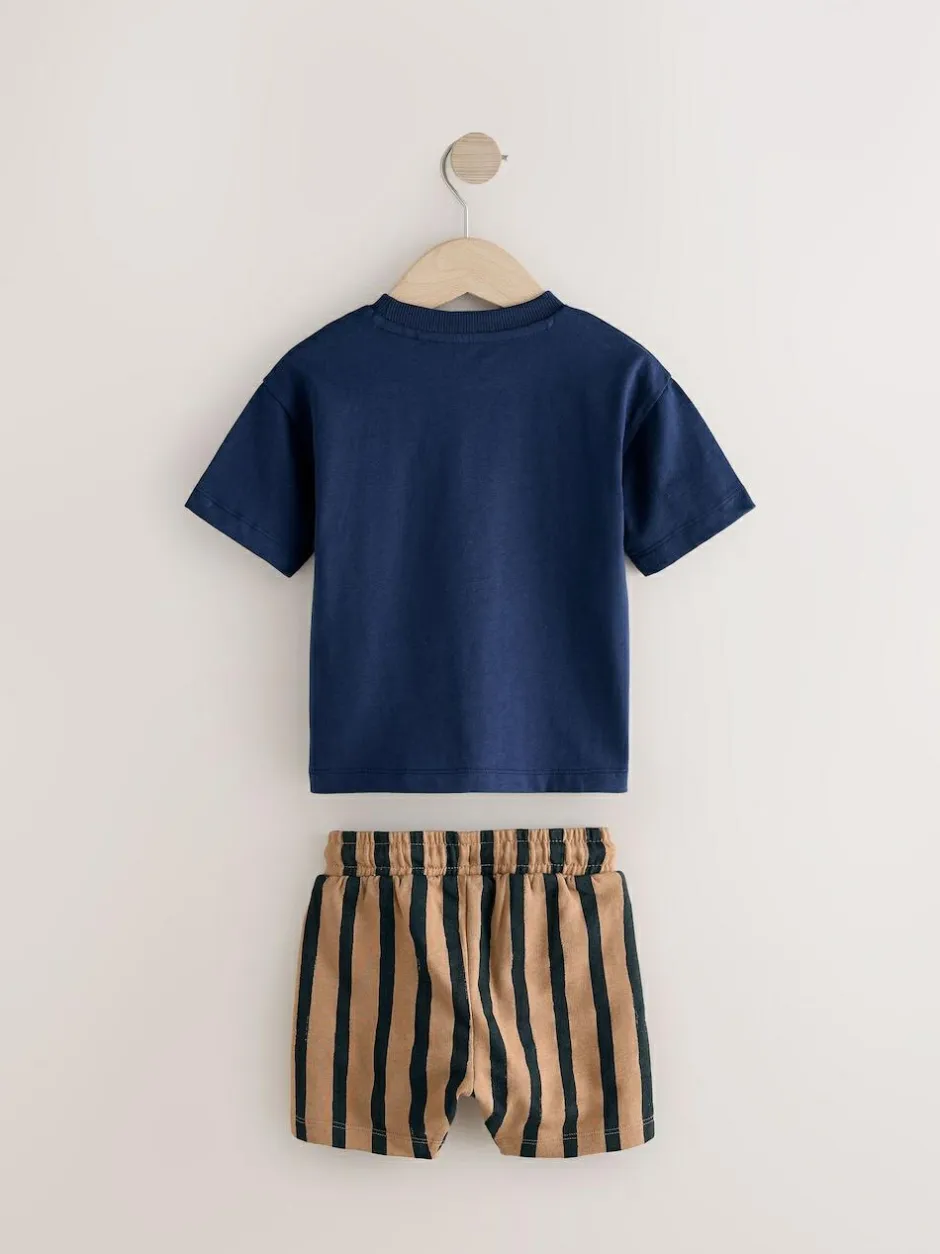 Next Short Sleeve T-Shirt & Shorts Set 2 Pack (3mths-7yrs) (3mths-7yrs) Navy/Stone Clearance