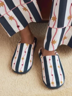 Next Navy/White Stripe Plush Mule Slippers Best
