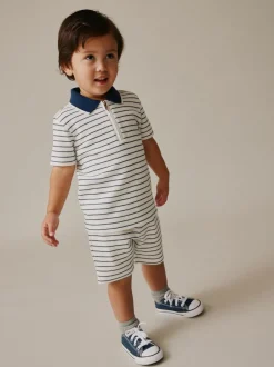 Next Navy/White Stripe Zip Neck Short Sleeve Polo Shirt And Shorts Set (3mths-7yrs) Best