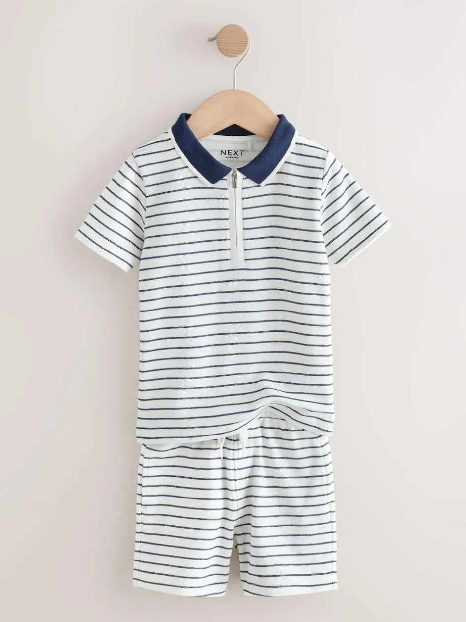 Next Navy/White Stripe Zip Neck Short Sleeve Polo Shirt And Shorts Set (3mths-7yrs) Best