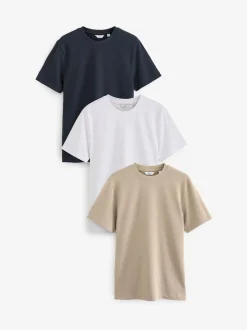 Next Navy/White/Stone Regular Fit Heavyweight T-Shirts 3 Pack Outlet