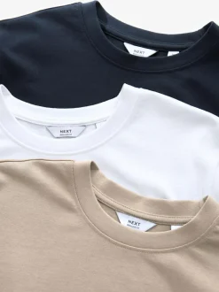 Next Navy/White/Stone Regular Fit Heavyweight T-Shirts 3 Pack Outlet