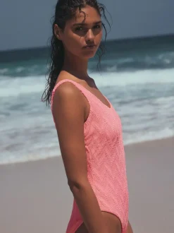 Next Neon Coral Pink Textured Scoop Neck Tummy Control Swimsuit Sale