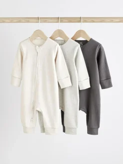 Next Neutral Baby Footless 2 Way Zip 100% Cotton Sleepsuits 3 Pack (0mths-3yrs) Clearance