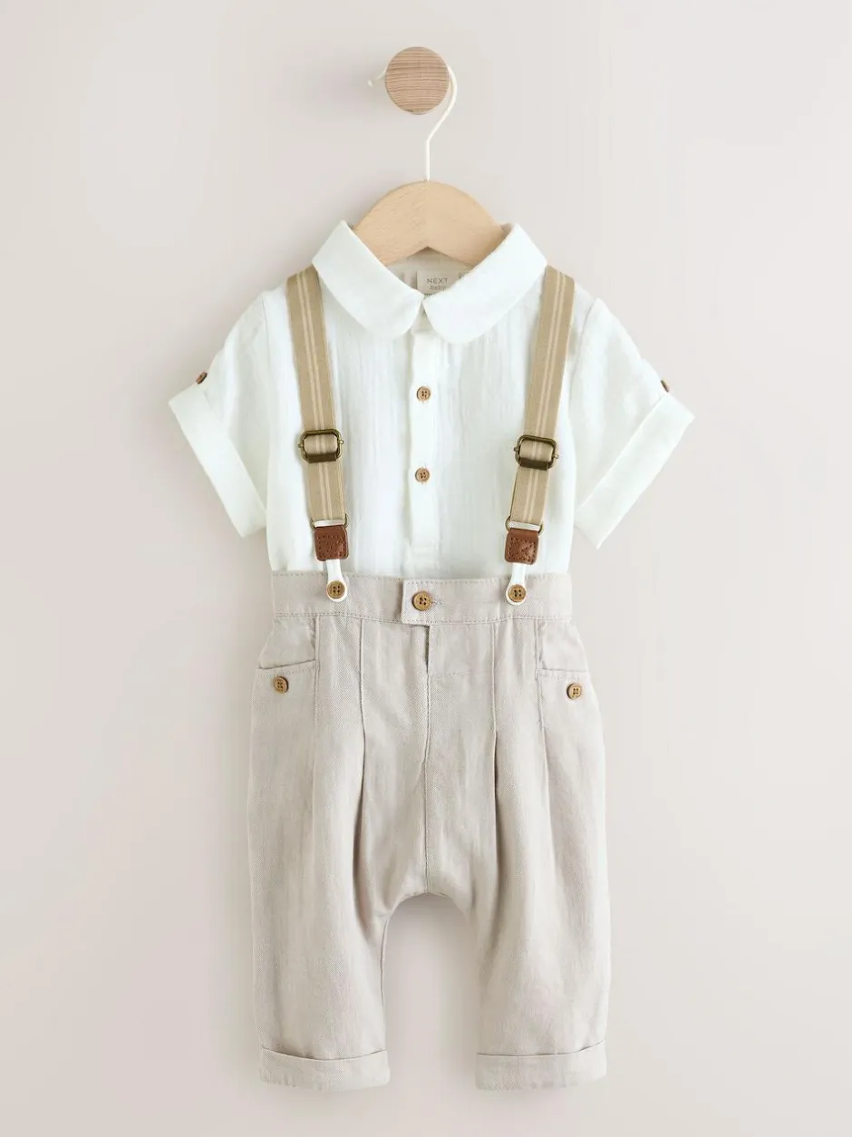 Next Neutral Baby Shirt Trousers and Braces Set 3 Piece (0mths-2yrs) Hot