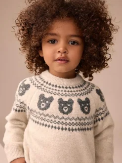 Next Fairisle Pattern Knitted Crew Neck Jumper (3mths-7yrs) Neutral Bear Clearance