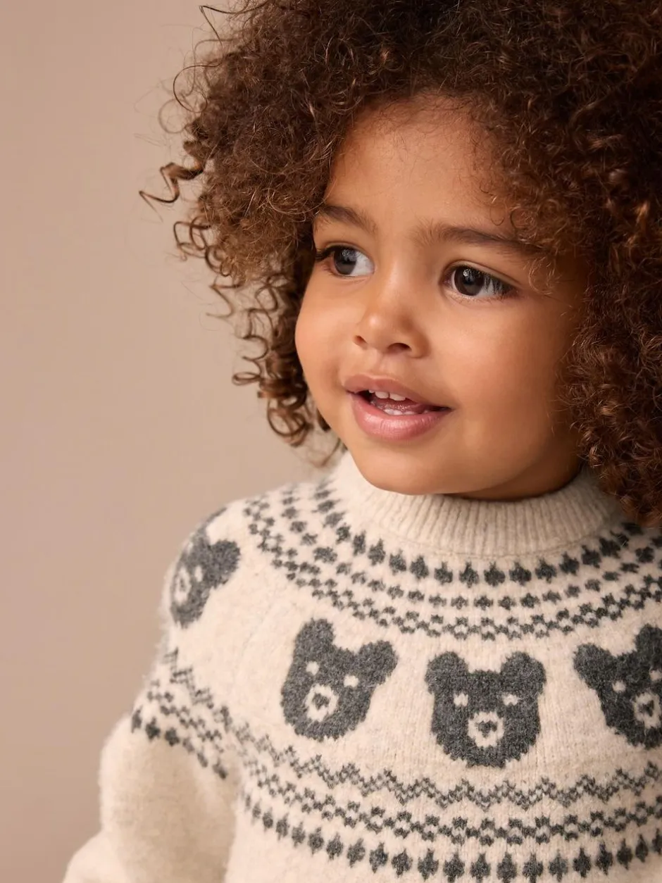 Next Fairisle Pattern Knitted Crew Neck Jumper (3mths-7yrs) Neutral Bear Clearance