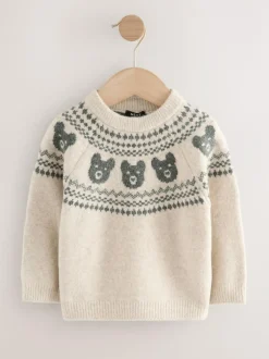 Next Fairisle Pattern Knitted Crew Neck Jumper (3mths-7yrs) Neutral Bear Clearance
