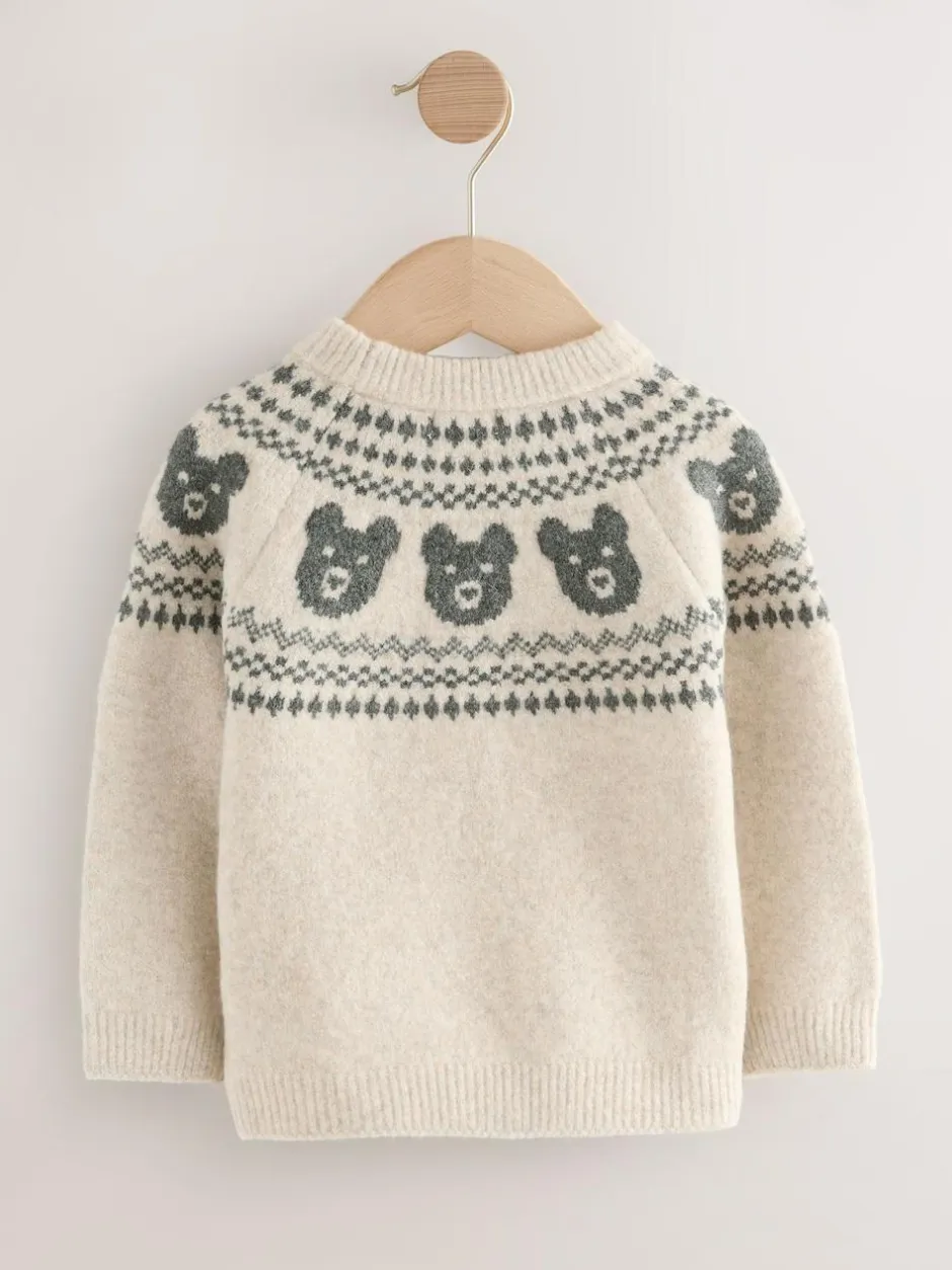 Next Fairisle Pattern Knitted Crew Neck Jumper (3mths-7yrs) Neutral Bear Clearance