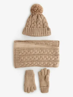 Next Hat Gloves & Scarf 3 Piece Set (3-16yrs) Neutral Cable Knit Best