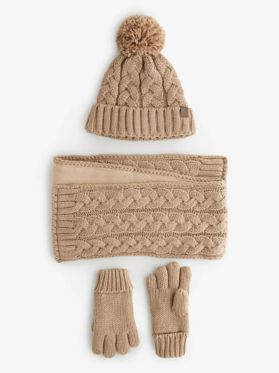 Next Hat Gloves & Scarf 3 Piece Set (3-16yrs) Neutral Cable Knit Best