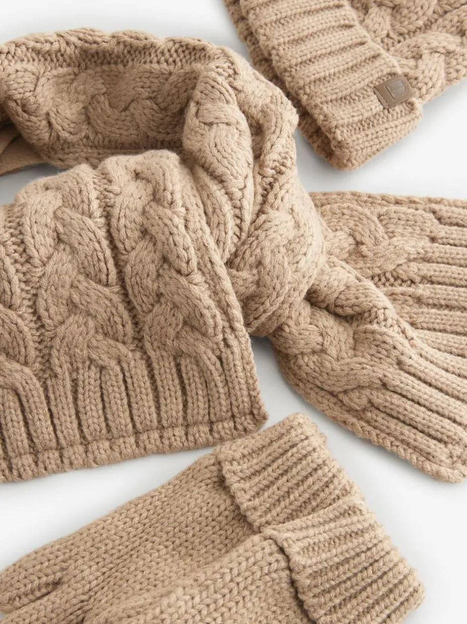 Next Hat Gloves & Scarf 3 Piece Set (3-16yrs) Neutral Cable Knit Best