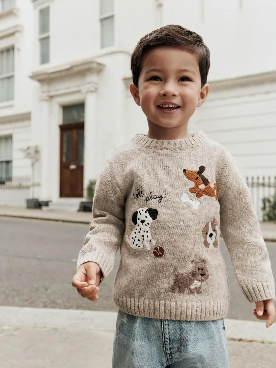 Next Neutral Dogs Knitted Crew Neck Jumper (3mths-7yrs) Outlet