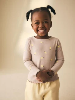 Next Neutral Lemon Print Rib Long Sleeve T-Shirt (3mths-7yrs) Sale