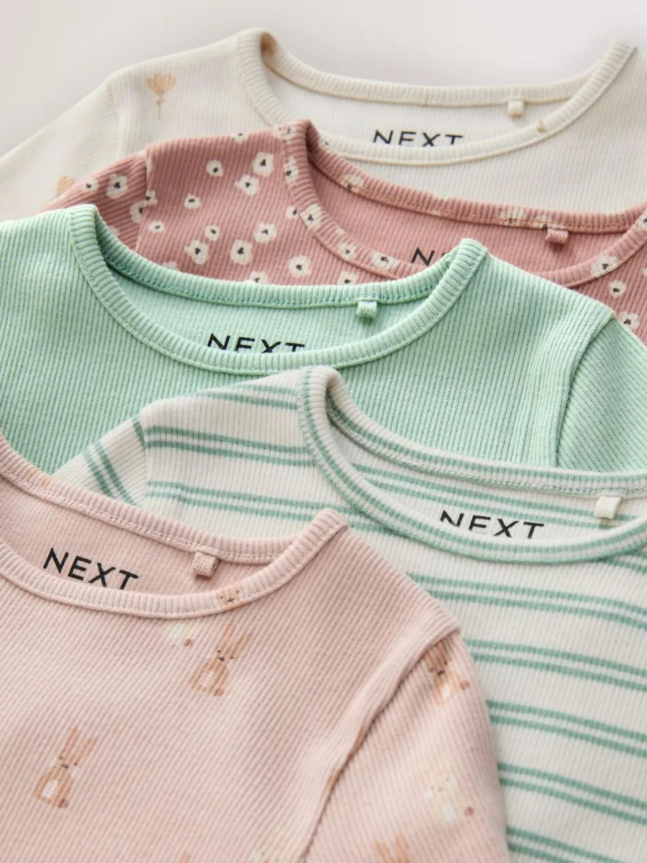 Next Neutral Long Sleeve Rib Tops 5 Pack (3mths-7yrs) Online