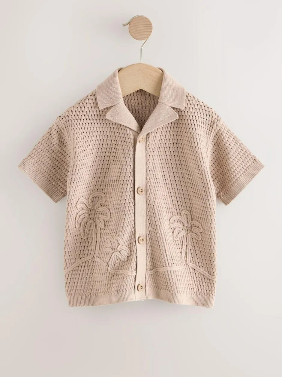 Next Textured Revere Collar Short Sleeve Knitted Polo Shirt (3mths-7yrs) Neutral Palms Discount