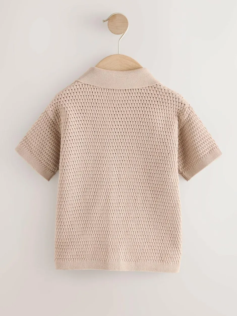 Next Textured Revere Collar Short Sleeve Knitted Polo Shirt (3mths-7yrs) Neutral Palms Discount