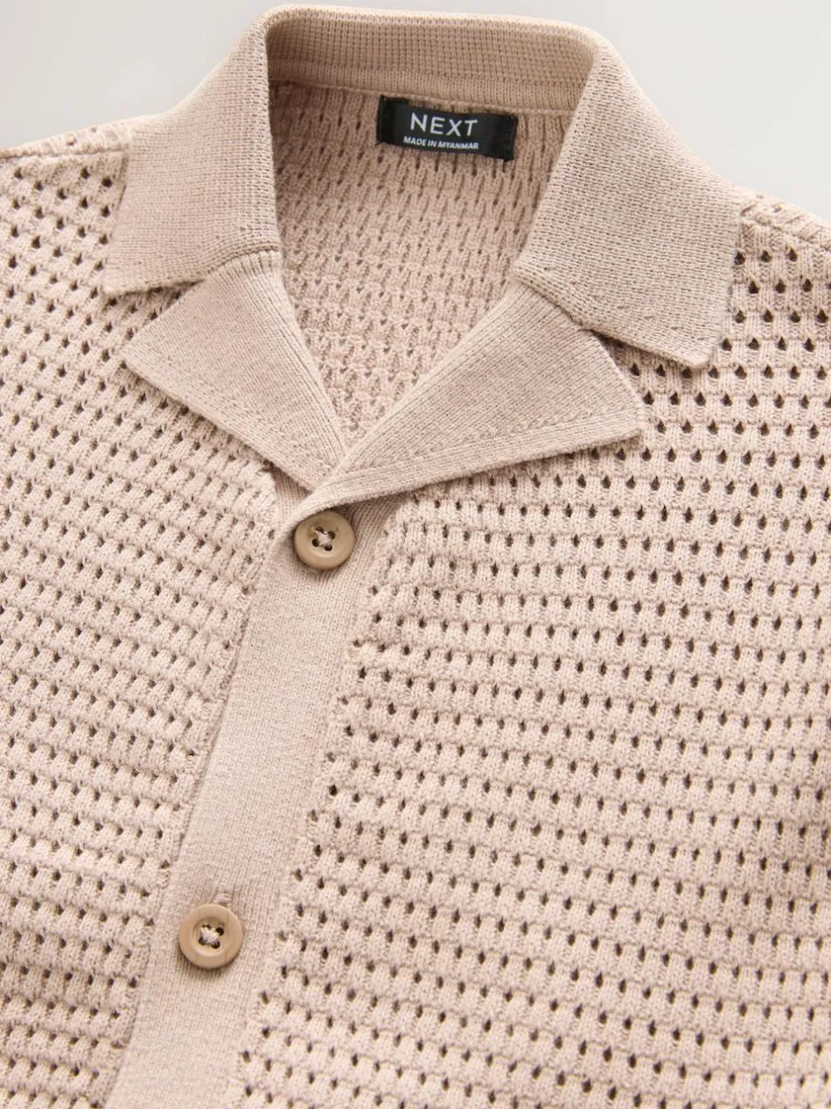 Next Textured Revere Collar Short Sleeve Knitted Polo Shirt (3mths-7yrs) Neutral Palms Discount