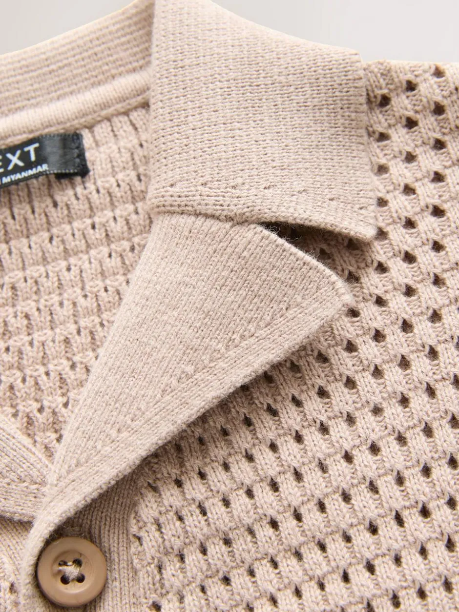 Next Textured Revere Collar Short Sleeve Knitted Polo Shirt (3mths-7yrs) Neutral Palms Discount