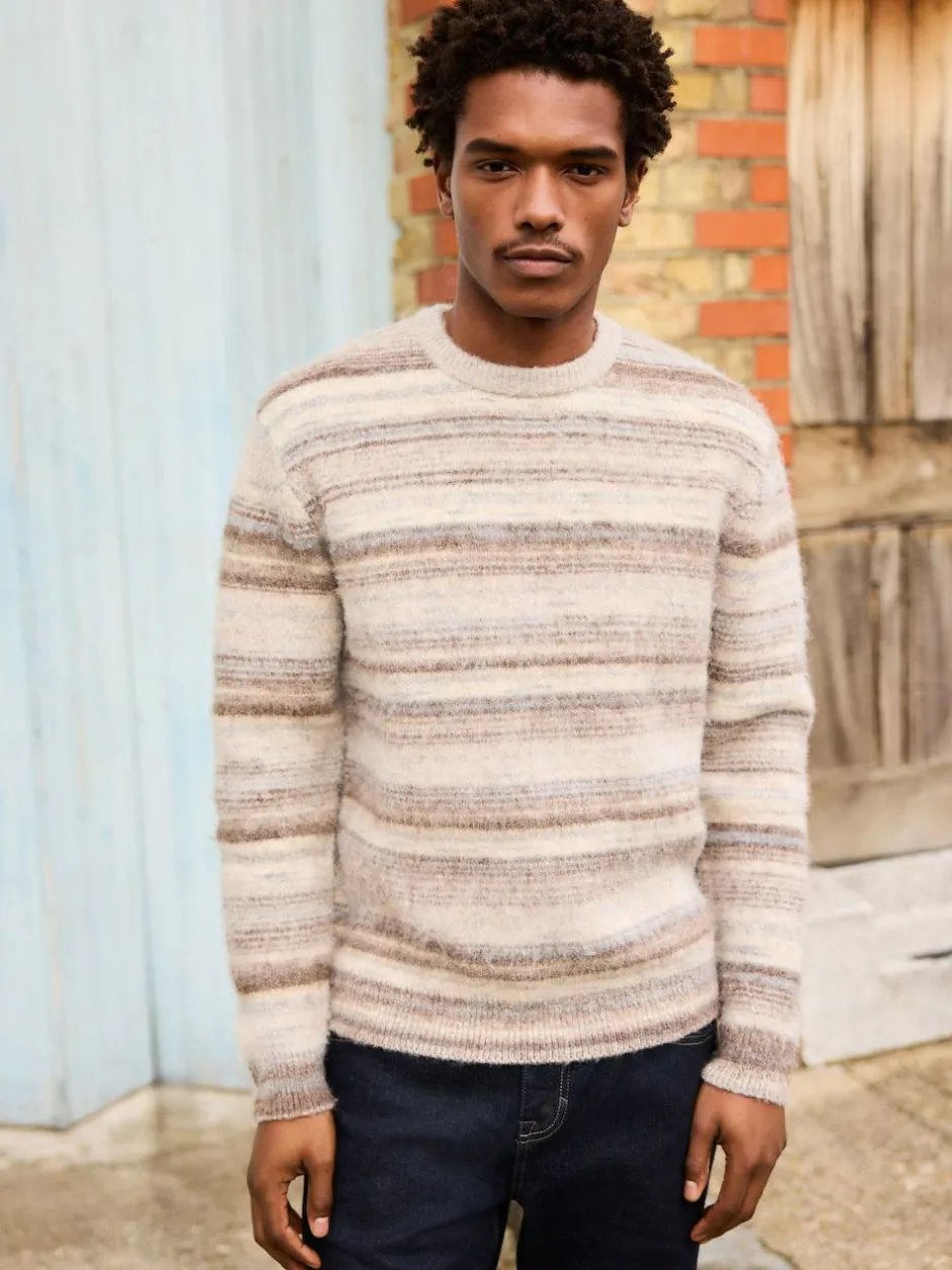 Next Neutral Regular Fit Stripe Crew Neck Jumper with Wool Sale