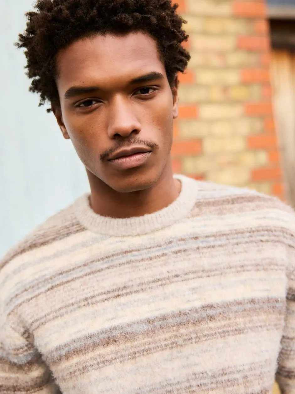 Next Neutral Regular Fit Stripe Crew Neck Jumper with Wool Sale