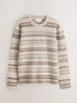 Next Neutral Regular Fit Stripe Crew Neck Jumper with Wool Sale