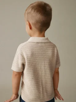 Next Revere Collar Short Sleeve Knitted Polo Shirt (3mths-7yrs) Neutral Hot