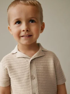 Next Revere Collar Short Sleeve Knitted Polo Shirt (3mths-7yrs) Neutral Hot