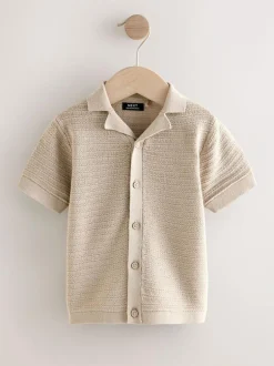 Next Revere Collar Short Sleeve Knitted Polo Shirt (3mths-7yrs) Neutral Hot