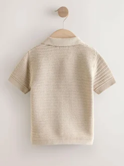 Next Revere Collar Short Sleeve Knitted Polo Shirt (3mths-7yrs) Neutral Hot