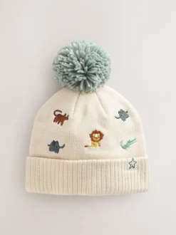 Next Neutral Safari Embroidered Pom Beanie Hat (3mths-10yrs) Online