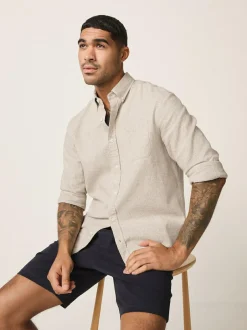 Next Standard Collar Cotton Linen Blend Long Sleeve Shirt Neutral Discount