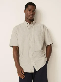 Next Standard Collar Cotton Linen Blend Short Sleeve Shirt Neutral Clearance