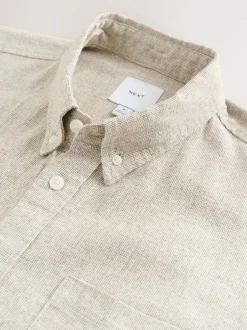 Next Standard Collar Cotton Linen Blend Short Sleeve Shirt Neutral Clearance