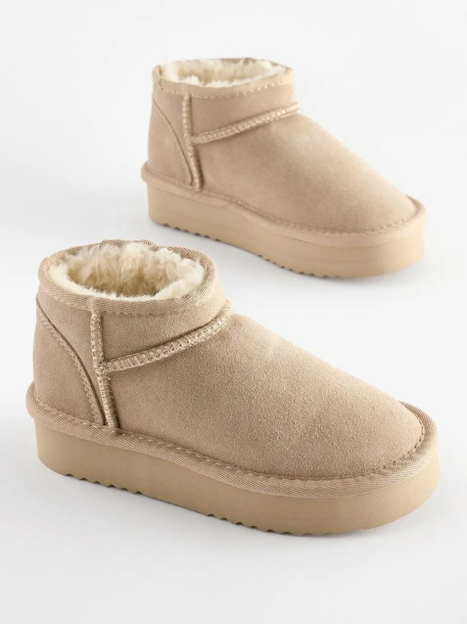 Next Neutral Standard Fit (F) Flatform Mini Warm Lined Water Repellent Suede Pull-On Boots Sale