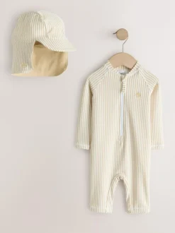 Next Striped Sunsafe Swimsuit and Hat Set (3mths-7yrs) Neutral Online