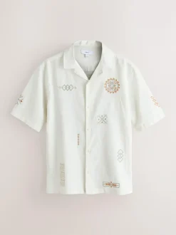 Next Textured Embroidered Navajo Style Short Sleeve Shirt Neutral Best