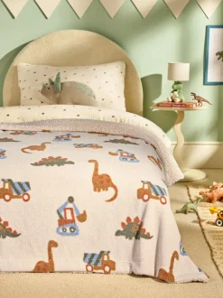 Next Neutral Tufted Dinosaurs & Diggers Borg Throw Blanket