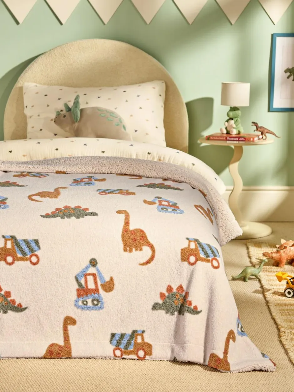 Next Neutral Tufted Dinosaurs & Diggers Borg Throw Blanket