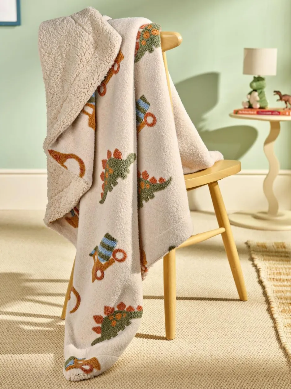 Next Neutral Tufted Dinosaurs & Diggers Borg Throw Blanket