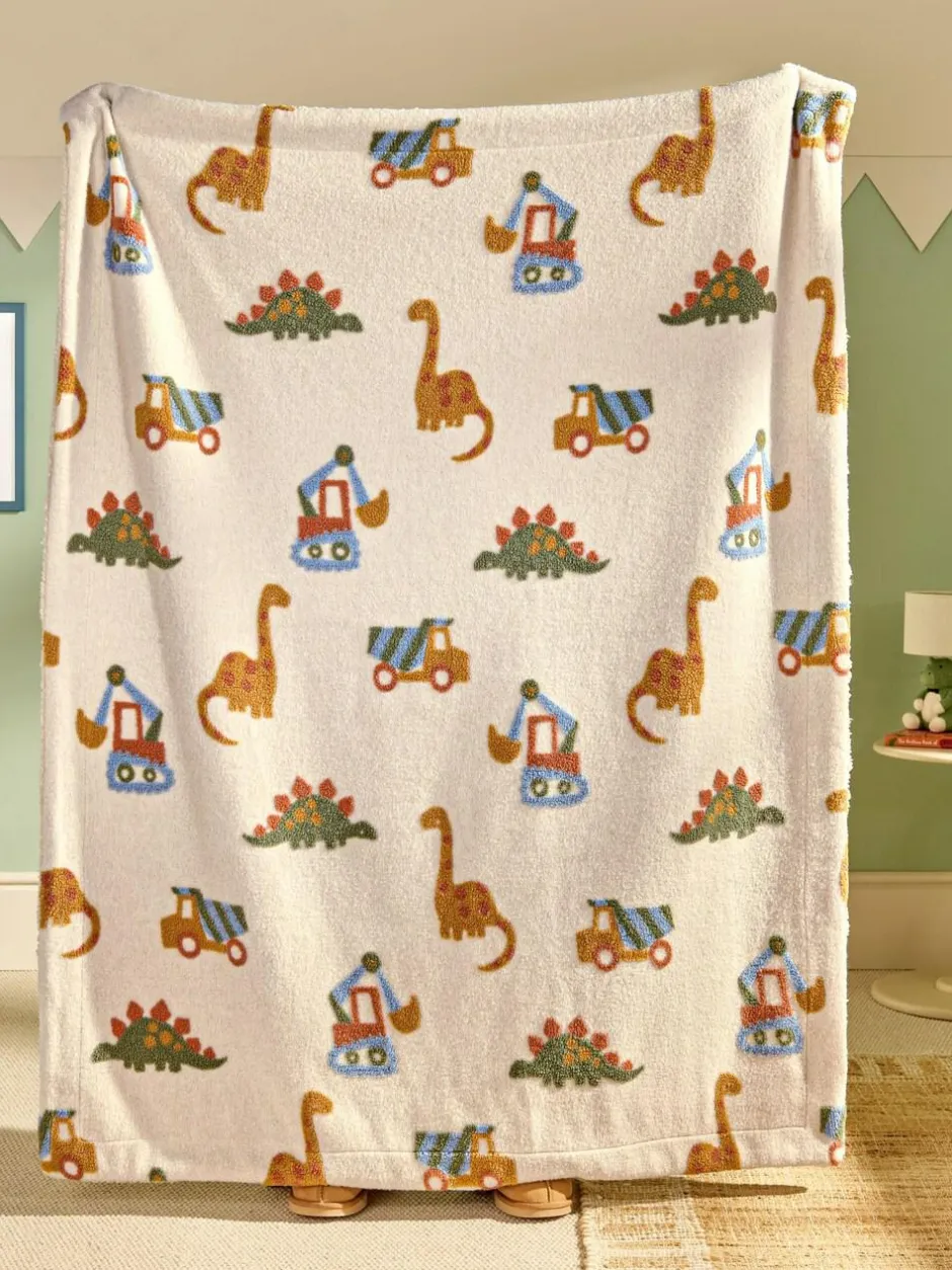 Next Neutral Tufted Dinosaurs & Diggers Borg Throw Blanket