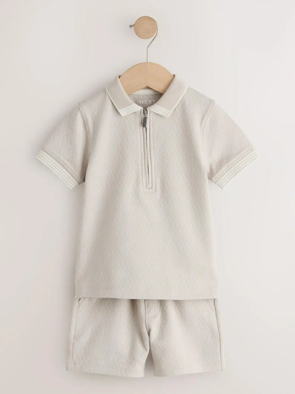 Next Neutral Zip Neck Short Sleeve Polo Shirt And Shorts Set (3mths-7yrs)