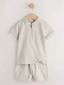 Next Neutral Zip Neck Short Sleeve Polo Shirt And Shorts Set (3mths-7yrs)