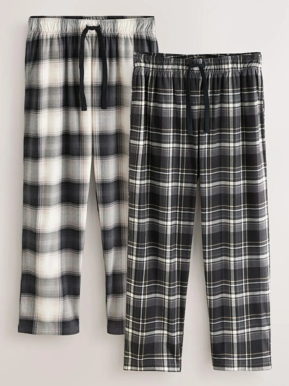 Next Neutral/Black Check Motionflex Cosy Open Hem Pyjama Bottoms 2 Pack New