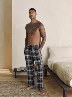 Next Neutral/Black Check Motionflex Cosy Open Hem Pyjama Bottoms 2 Pack New