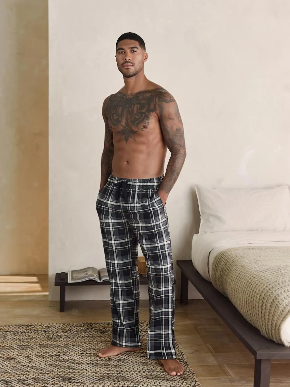 Next Neutral/Black Check Motionflex Cosy Open Hem Pyjama Bottoms 2 Pack New