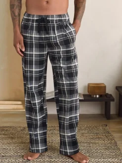 Next Neutral/Black Check Motionflex Cosy Open Hem Pyjama Bottoms 2 Pack New
